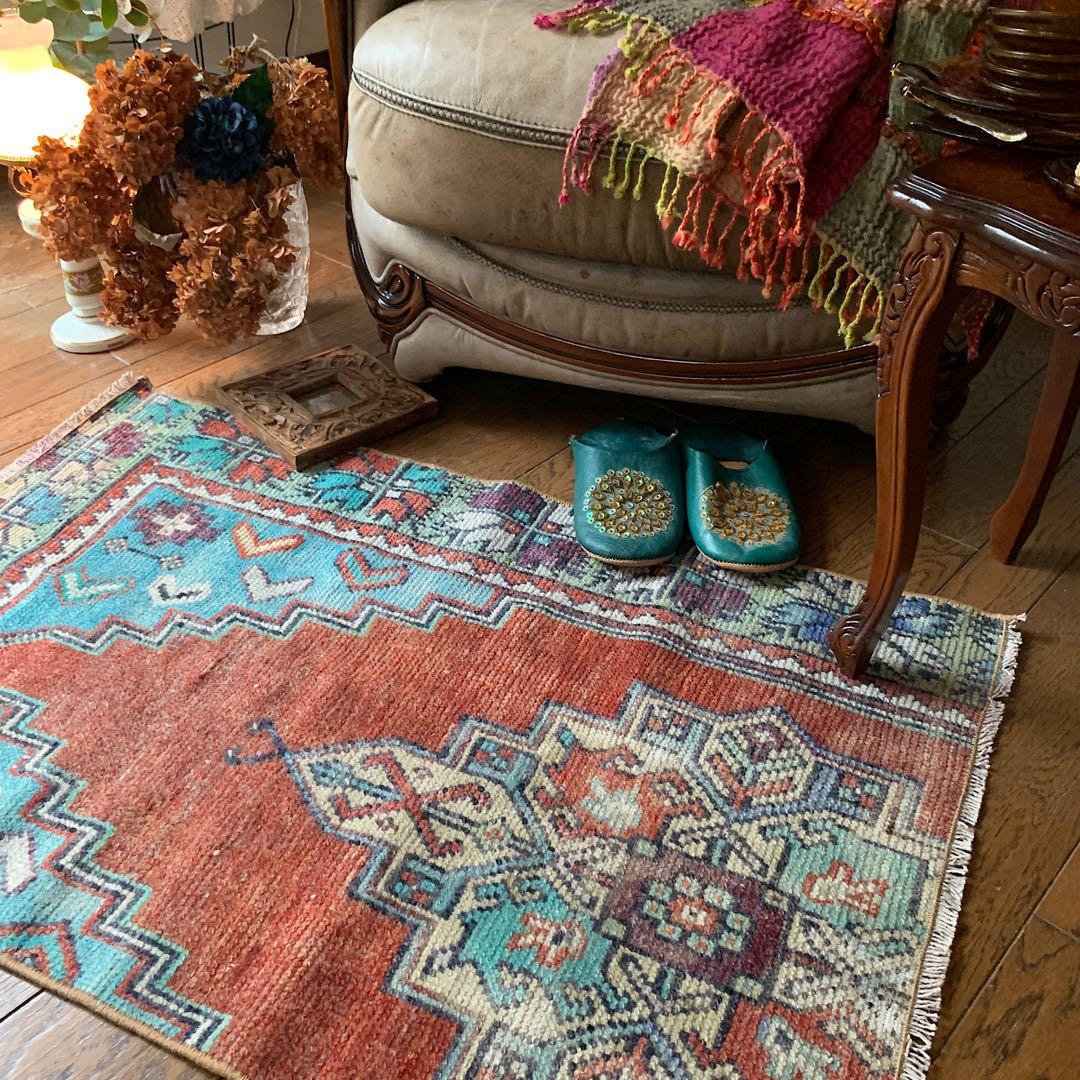 レトロブルー　テラコッタ98×62 メダリオン　トルコヴィンテージラグ