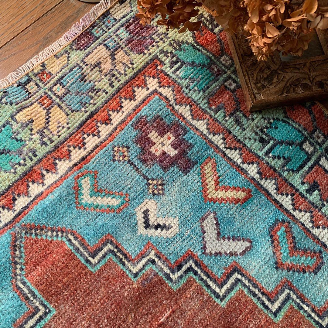 レトロブルー　テラコッタ98×62 メダリオン　トルコヴィンテージラグ