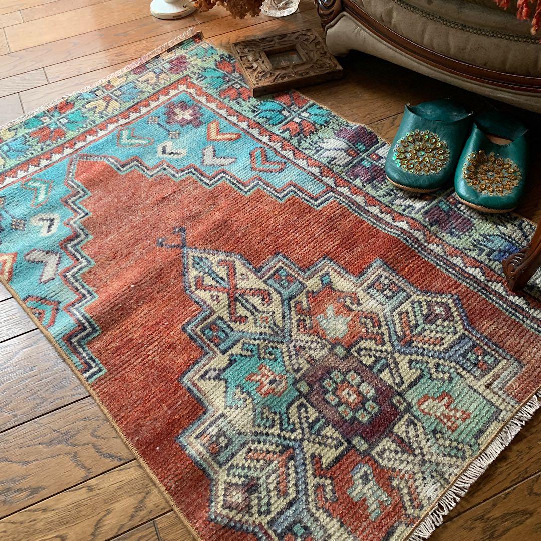 レトロブルー　テラコッタ98×62 メダリオン　トルコヴィンテージラグ