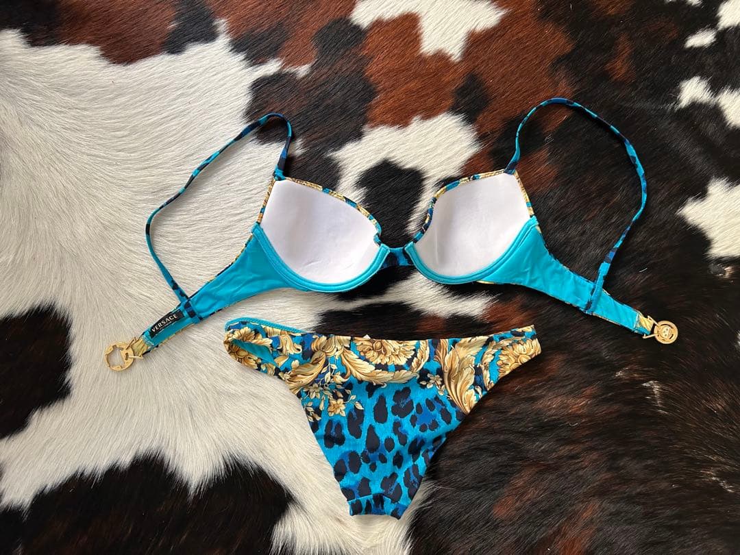 Gianni Versace ヴェルサーチ青と金の花柄　ビキニ　美品　XS/S