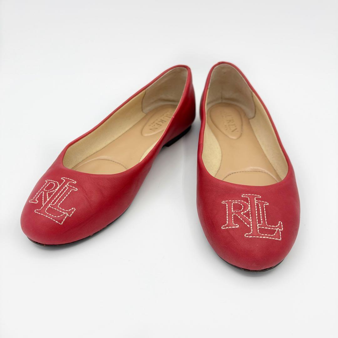 ローレンラルフローレン　フラット　レザーパンプス赤　US5 ロゴ　バレーシューズ