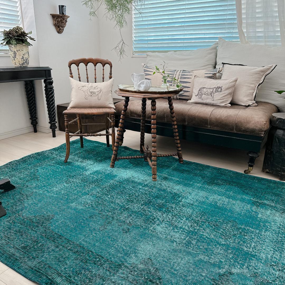 トルコヴィンテージラグ A82 大判 ダークターコイズブルー オーバーダイラグ