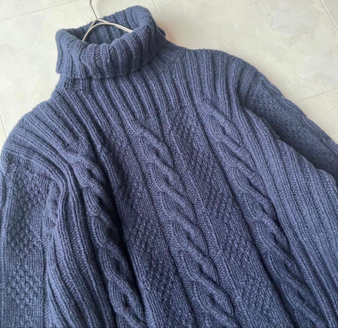 ポロラルフローレン ハンドニット 肉厚　タートルネックケーブル　紺 M ネイビー