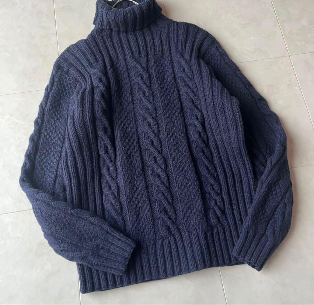 ポロラルフローレン ハンドニット 肉厚　タートルネックケーブル　紺 M ネイビー