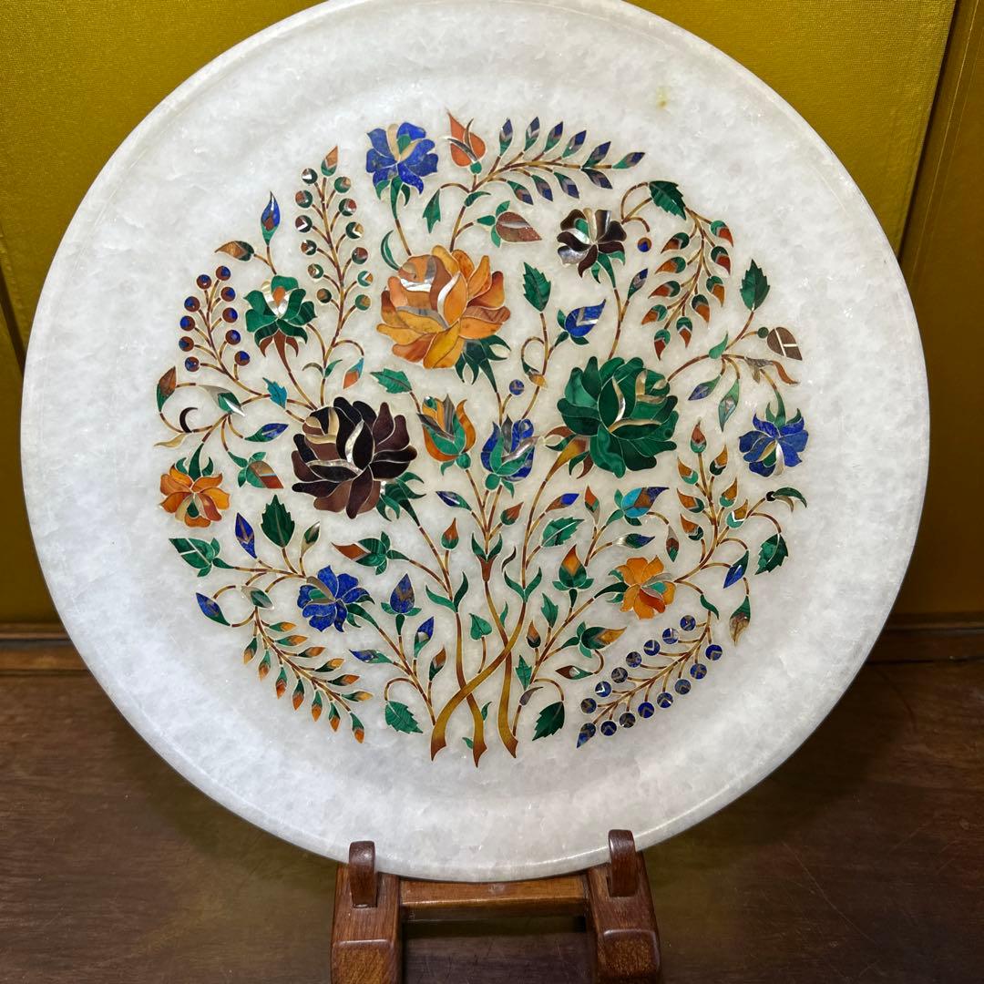 置物，皿，ハンドメイド 天然石　細工 螺細 プレート 飾り皿