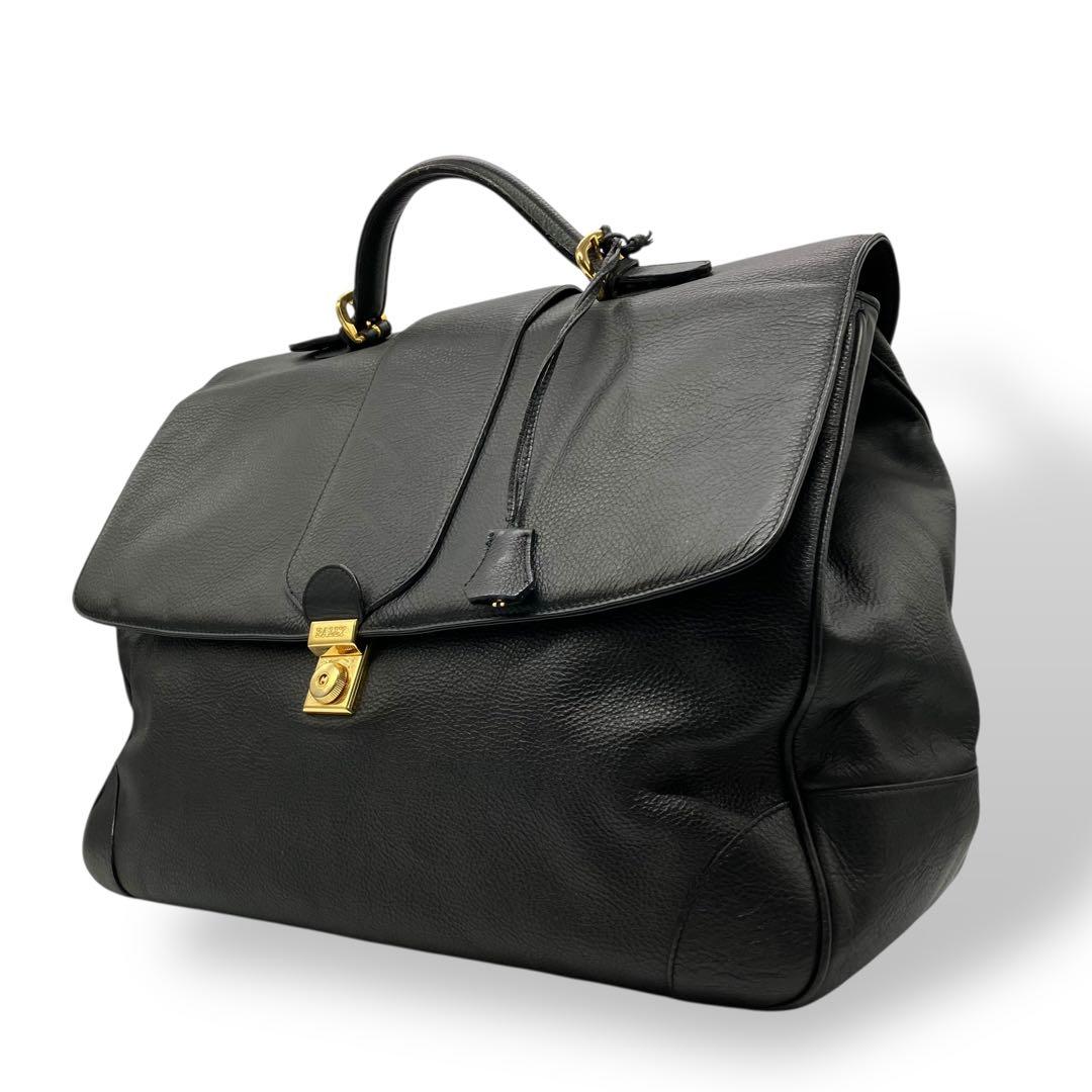 美品 2146 BALLY ボストンバッグ シボ革 鍵 ゴールド金具 黒 大容量