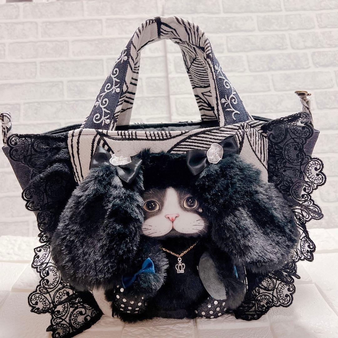 コヤンイサムチョン 黒猫の豪華レース トートバッグ ハンドメイド