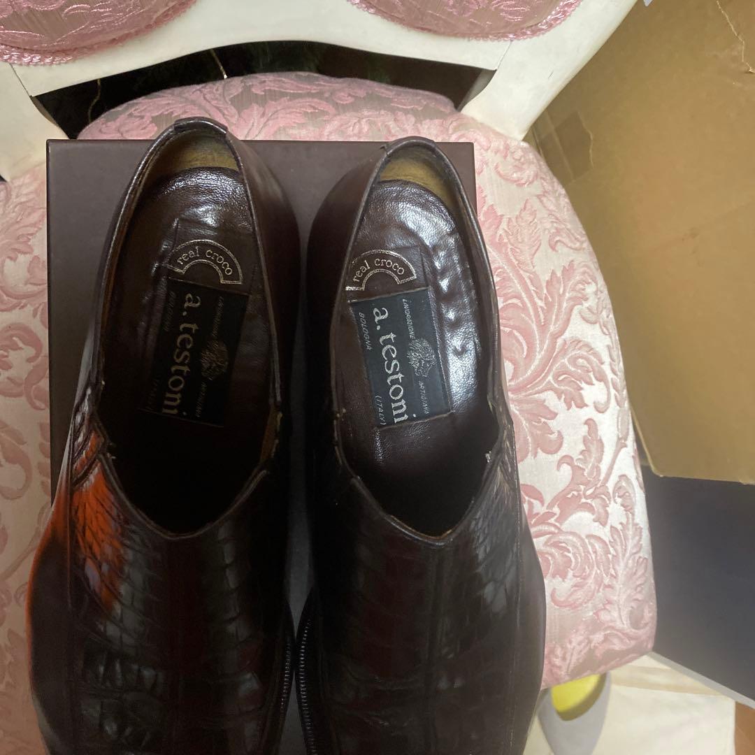 A.testoniクロコダイル&カーフ サイドエラスタンスリッポン 9ハーフ