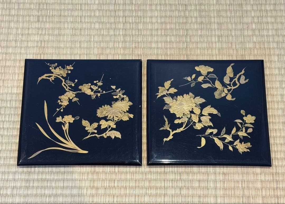 時代漆器 研ぎ出し草花蒔絵 五段重箱 二枚蓋 木瓜紋 保管箱