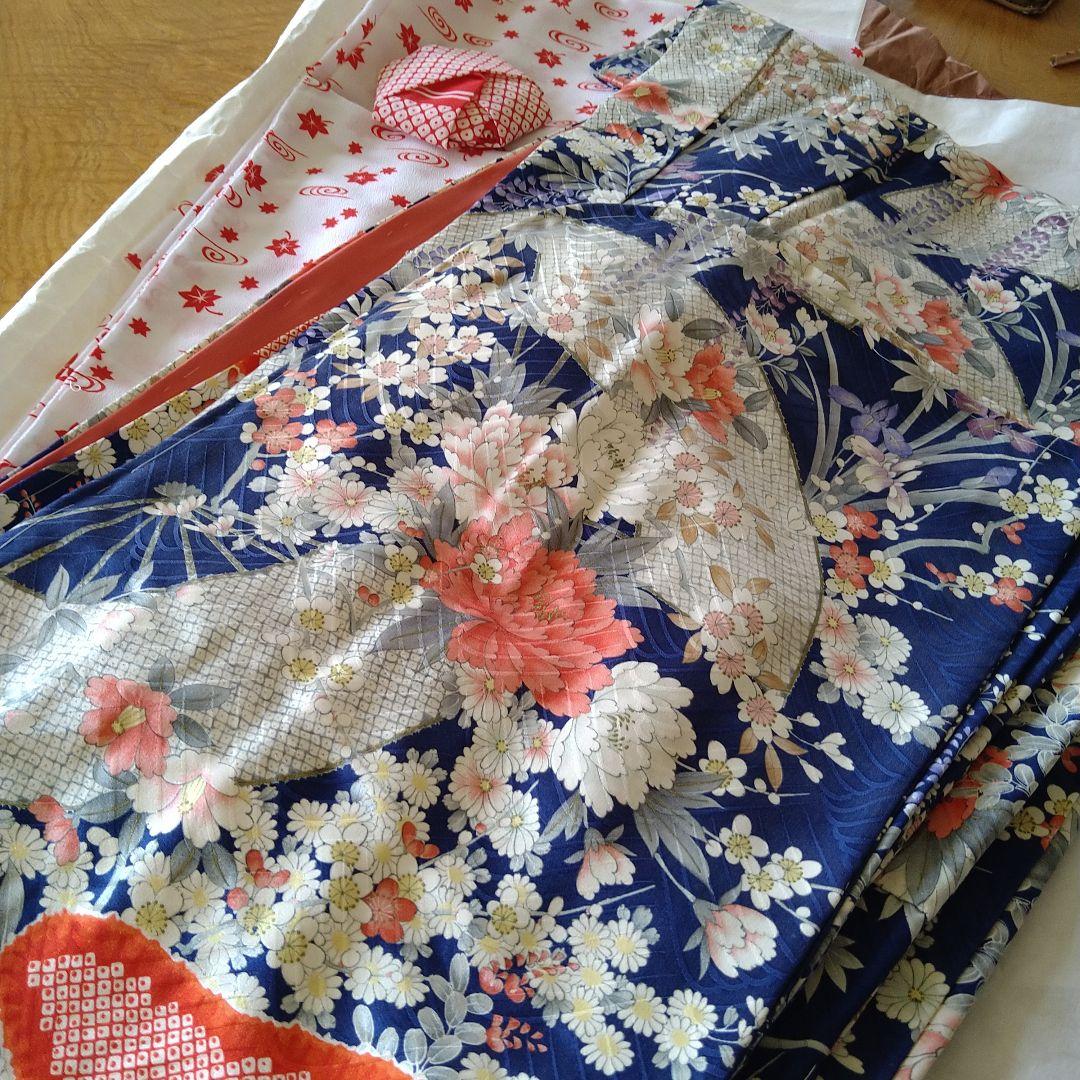 花柄扇子柄　2尺袖着物　長襦袢付き