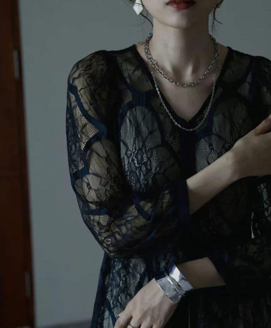 【完売品】エトル レイヤードレースドレス ダークブルー