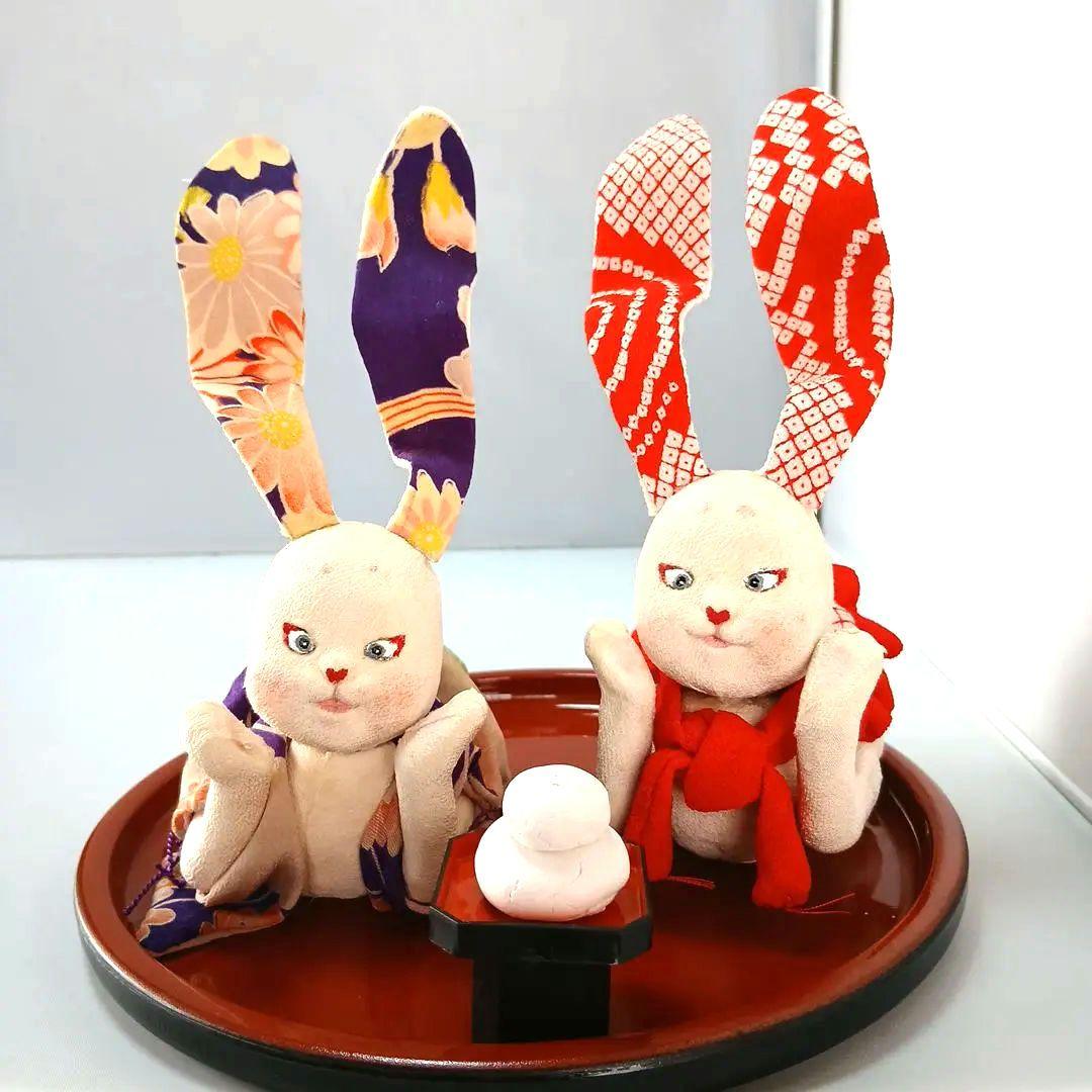 私の手作り/頬杖福耳ウサギ/古布ちりめん/お月見だんご付きセット