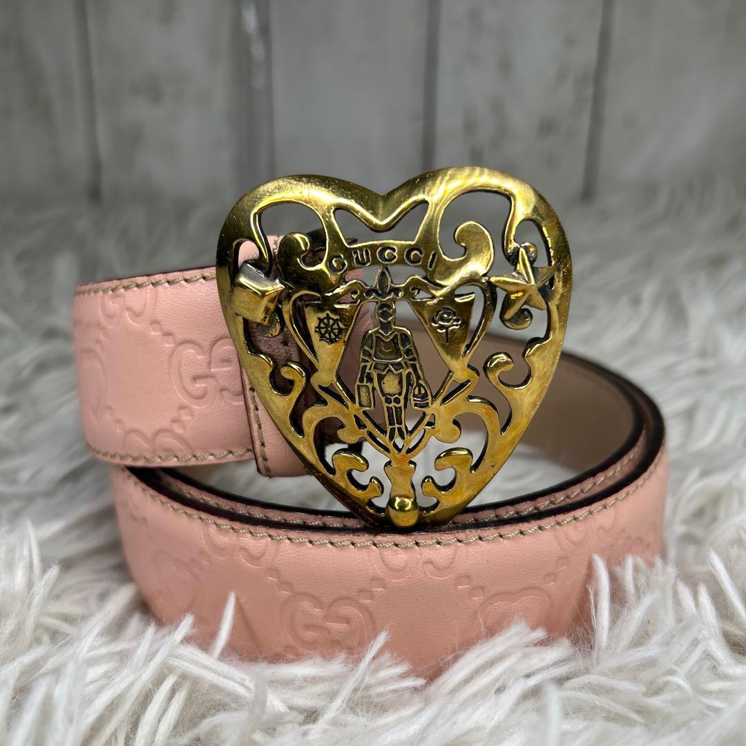 GUCCI ベルト　ハート　ロゴ　GG シマ　ピンク　レザー　レディース