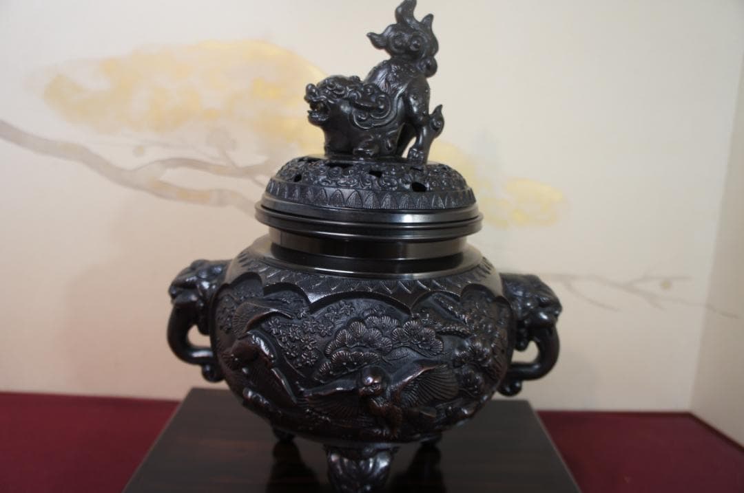 ★美品 未使用 高岡銅器 瑞峰作 新特大 花鳥 高級銅製香炉工芸作家造 送料込み