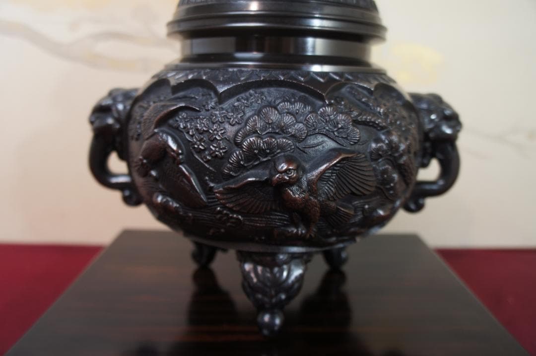 ★美品 未使用 高岡銅器 瑞峰作 新特大 花鳥 高級銅製香炉工芸作家造 送料込み
