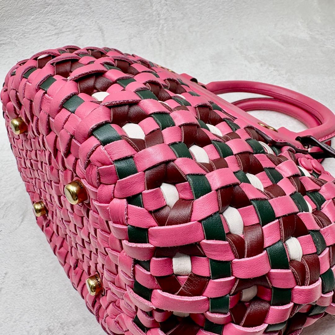COACH コーチ ウーブントート ピンク 編み込みレザー かごバッグ