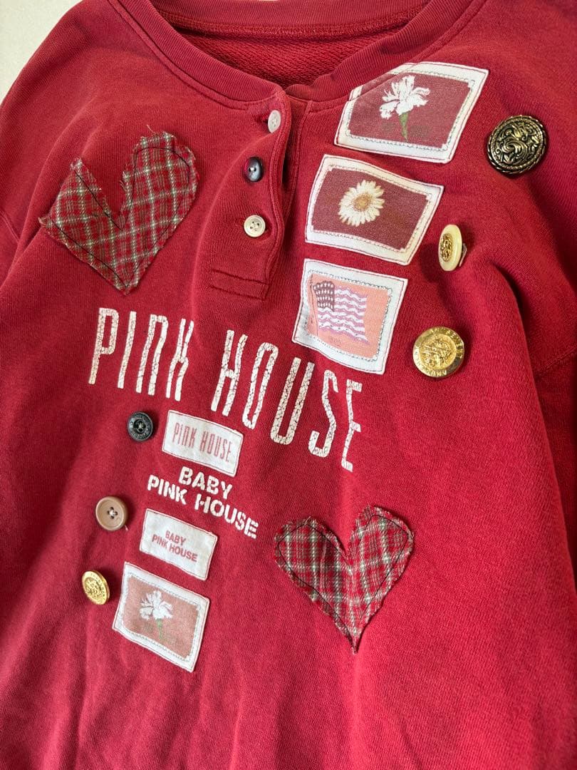 レアデザイン❤︎PINK HOUSEワッペン　チェック　ボタン赤スウェット　古着屋