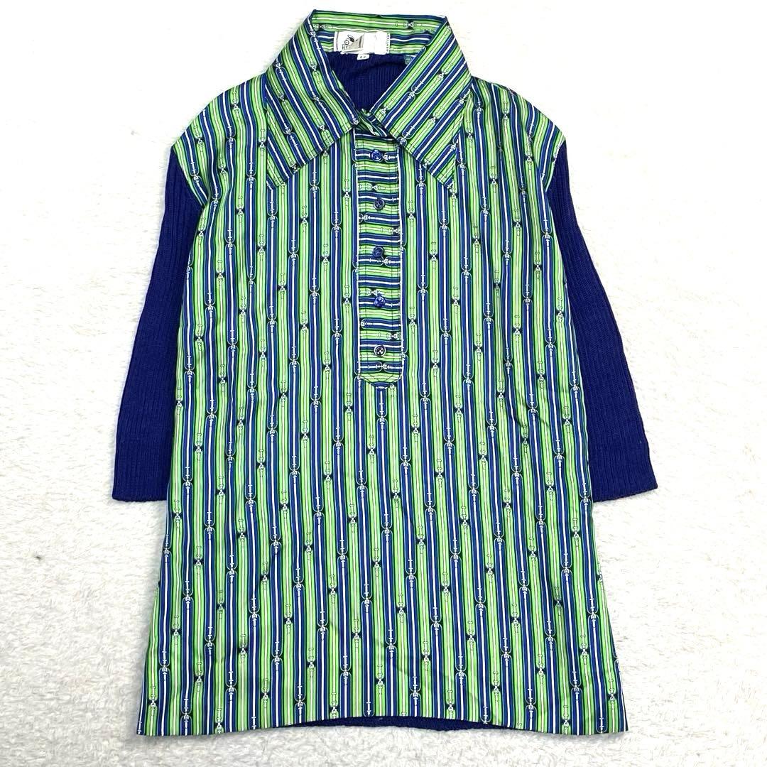 80s HERMES エルメス　ニット切り替えシャツ　ハーフボタン　シルク
