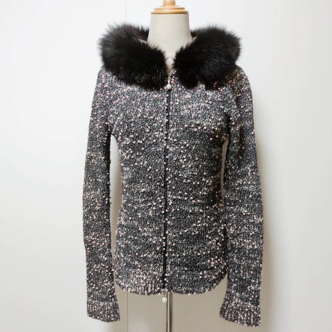 美品 ルネ René フォックスファー付 ニットパーカー グレー ピンク 日本製