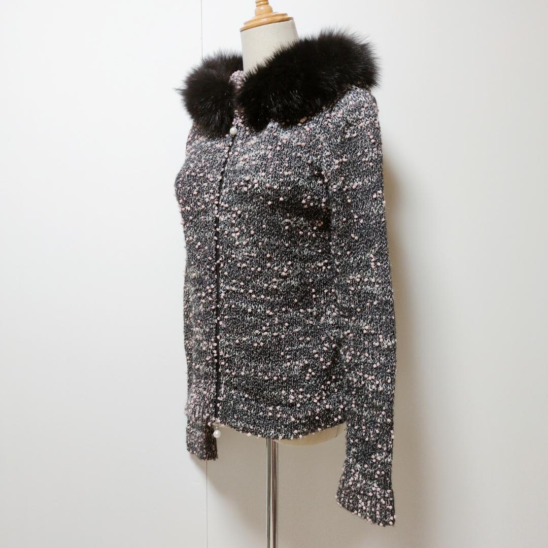 美品 ルネ René フォックスファー付 ニットパーカー グレー ピンク 日本製