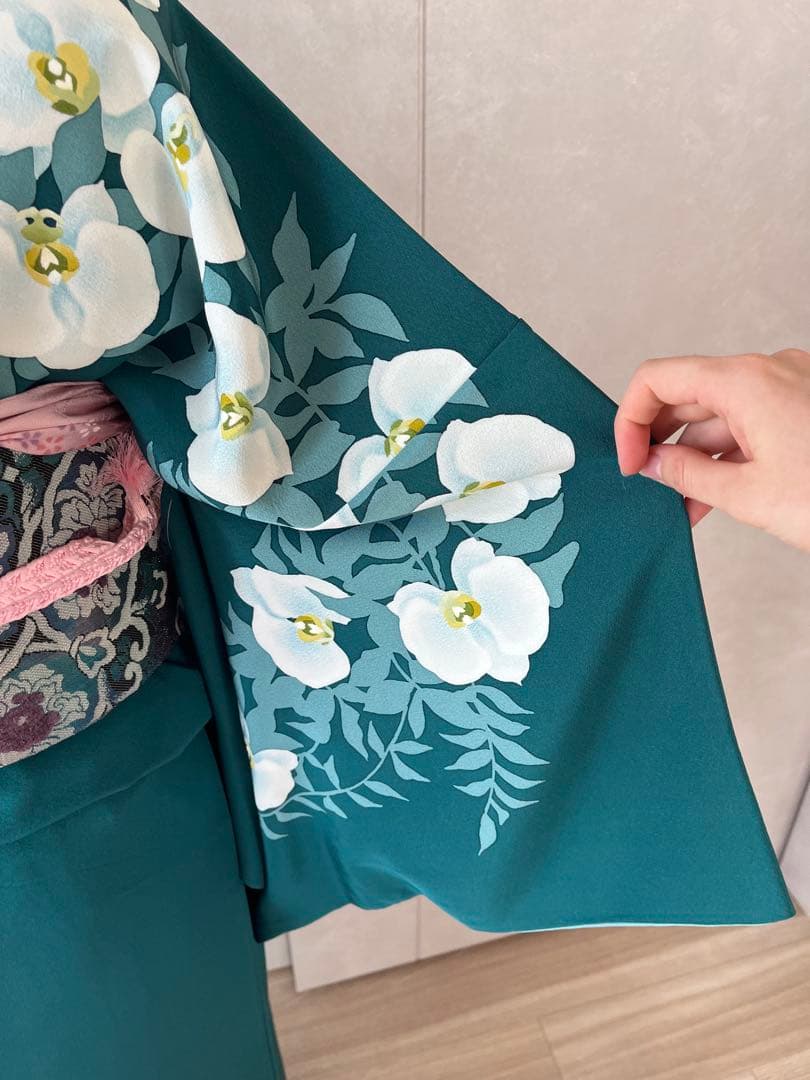 着物 訪問着 深緑色 花柄