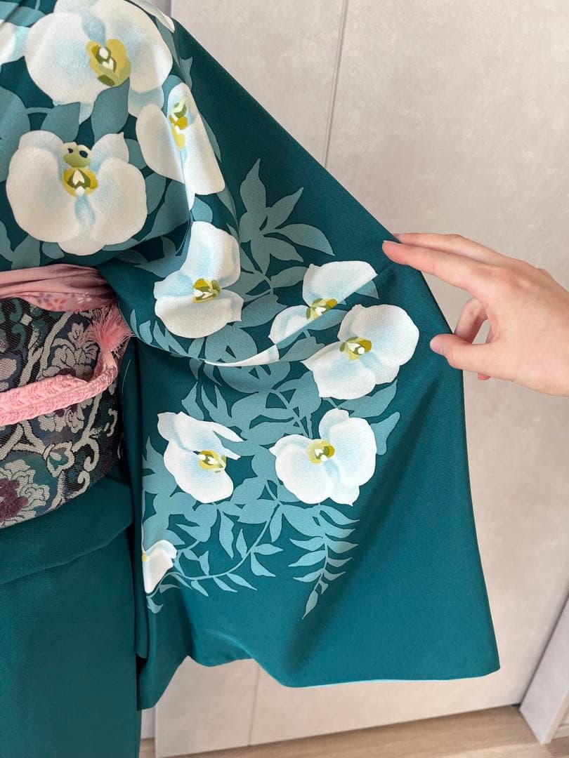 着物 訪問着 深緑色 花柄