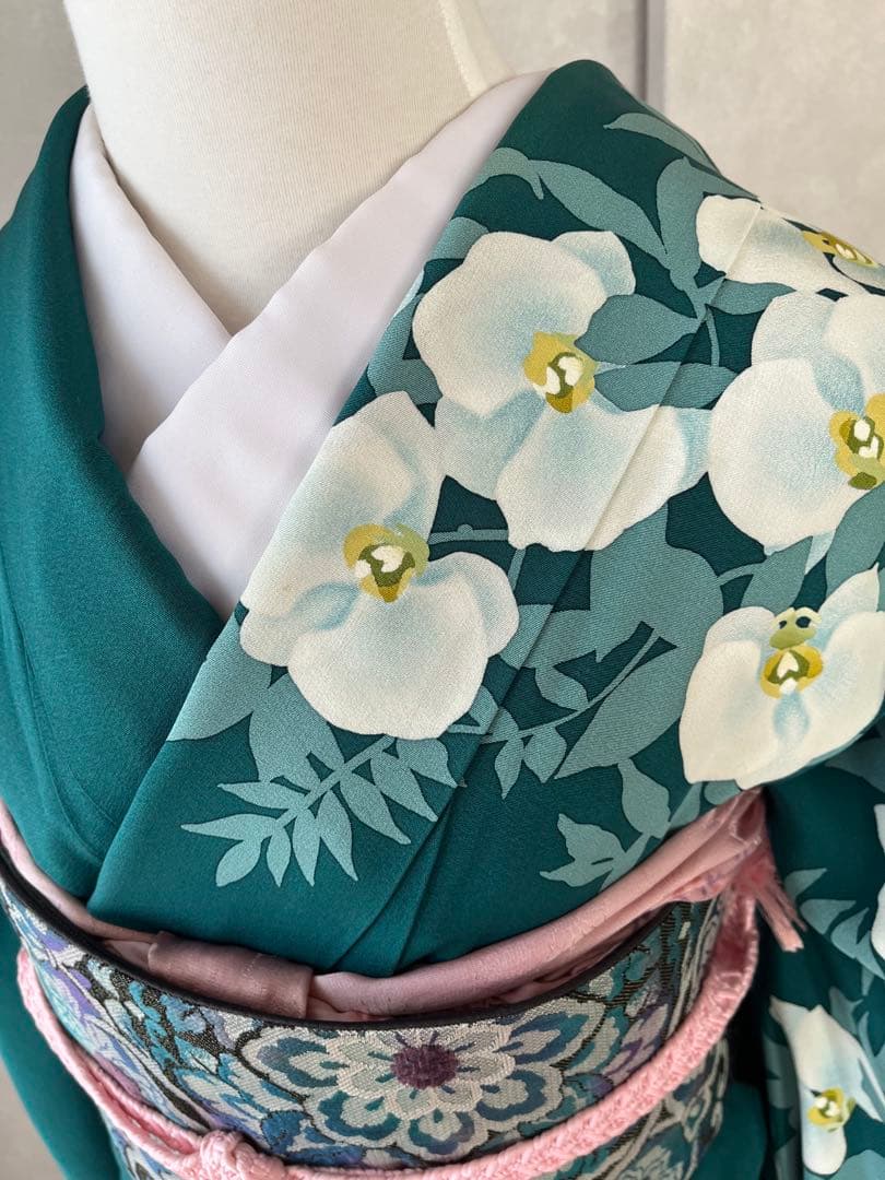 着物 訪問着 深緑色 花柄