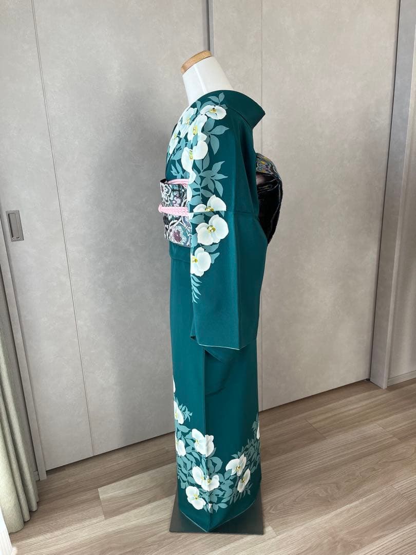 着物 訪問着 深緑色 花柄