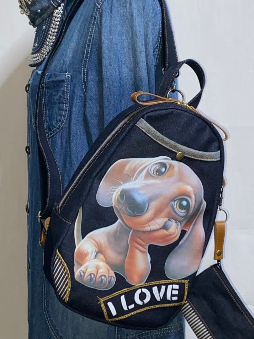 男女兼用☆岡山デニム☆ダックス☆ステンシル♪リュックorワンショルダーバッグ
