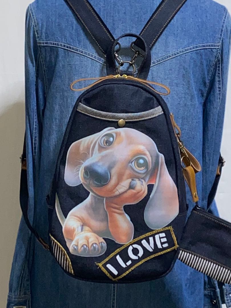 男女兼用☆岡山デニム☆ダックス☆ステンシル♪リュックorワンショルダーバッグ