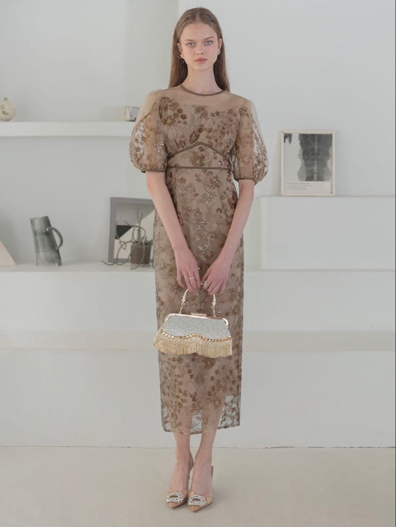 フラワーディテールパフスリーブIラインワンピースドレス結婚式二次会パーティー