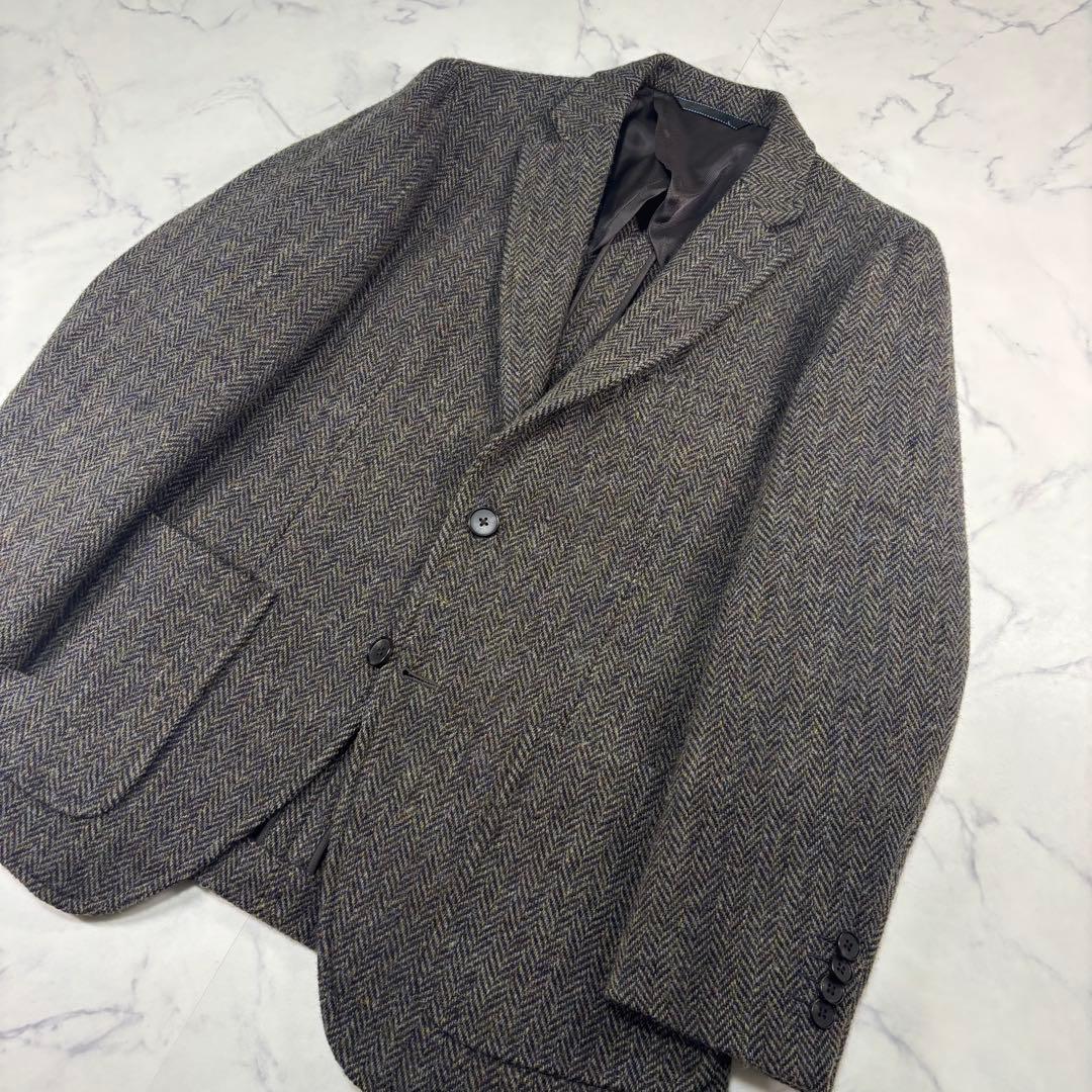 ハリスツイード テーラードジャケット ヘリンボーン 総柄 ウール モスグリーンM
