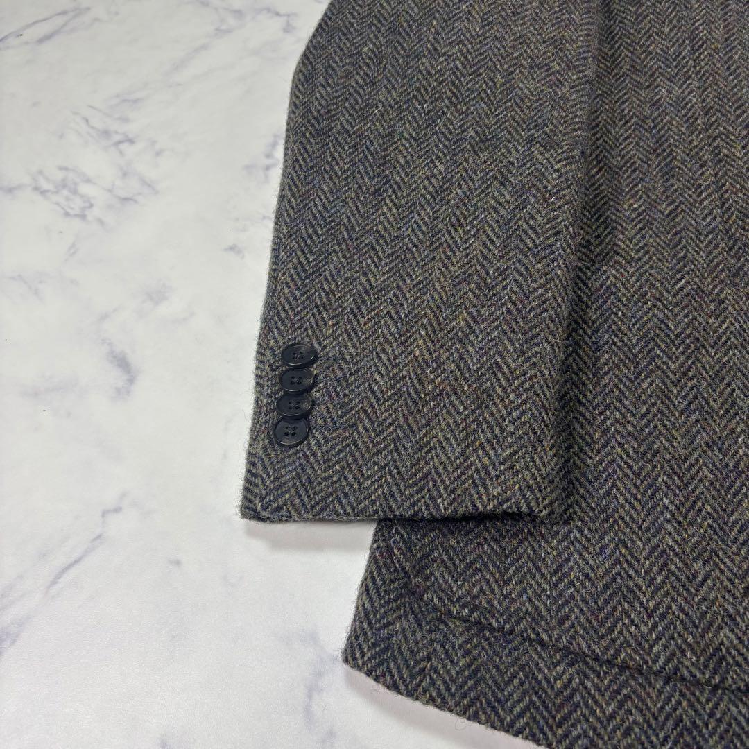 ハリスツイード テーラードジャケット ヘリンボーン 総柄 ウール モスグリーンM