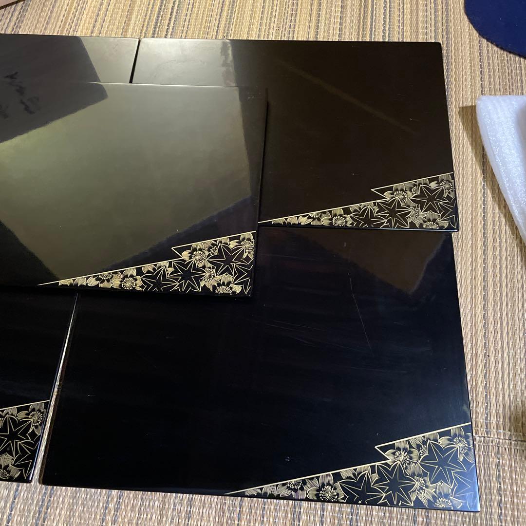 たくろう美品　輪島塗 沈金黒塗 点心盆 卓上膳 5客 共箱 共布付