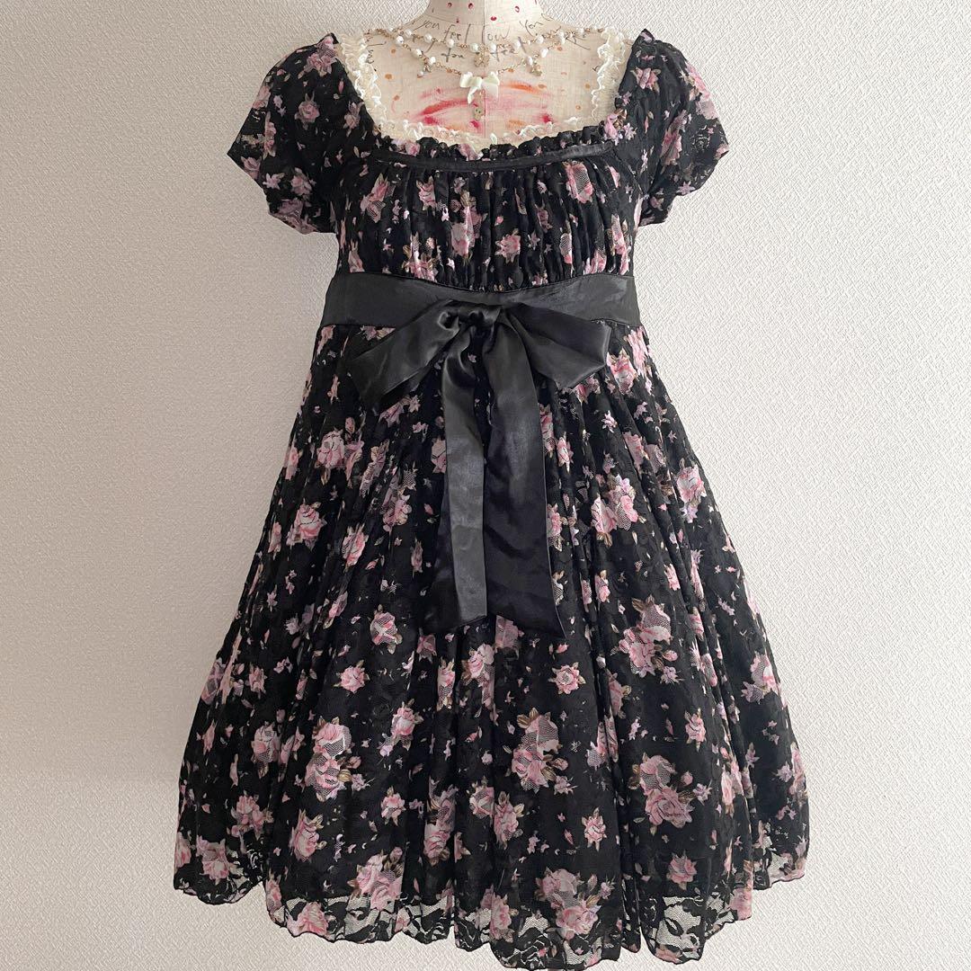 00s LIZLISA 旧タグ 総レースリボンオフショルパフワンピ 姫ギャル