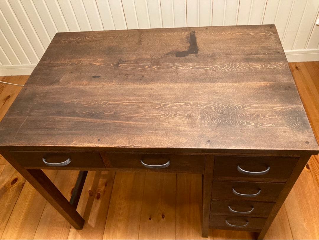 木製ダークブラウンデスク 引き出し6つ付き　アンティーク家具