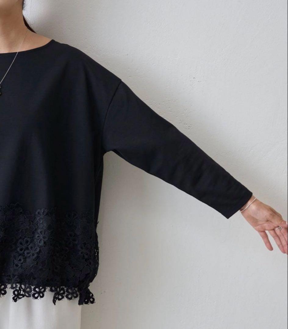 BEARDSLEY ビアズリー 裾レース カットソー　刺繍 Fサイズ 黒