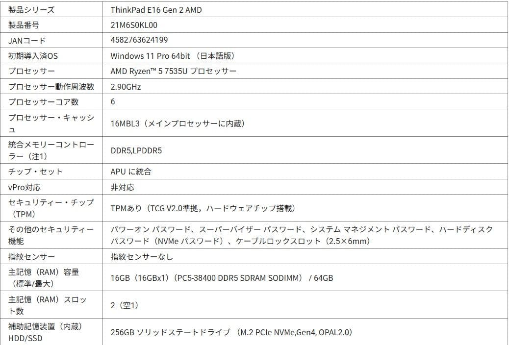 新品　LENOVO ThinkPad E16 Gen2 　21M6S0KL00