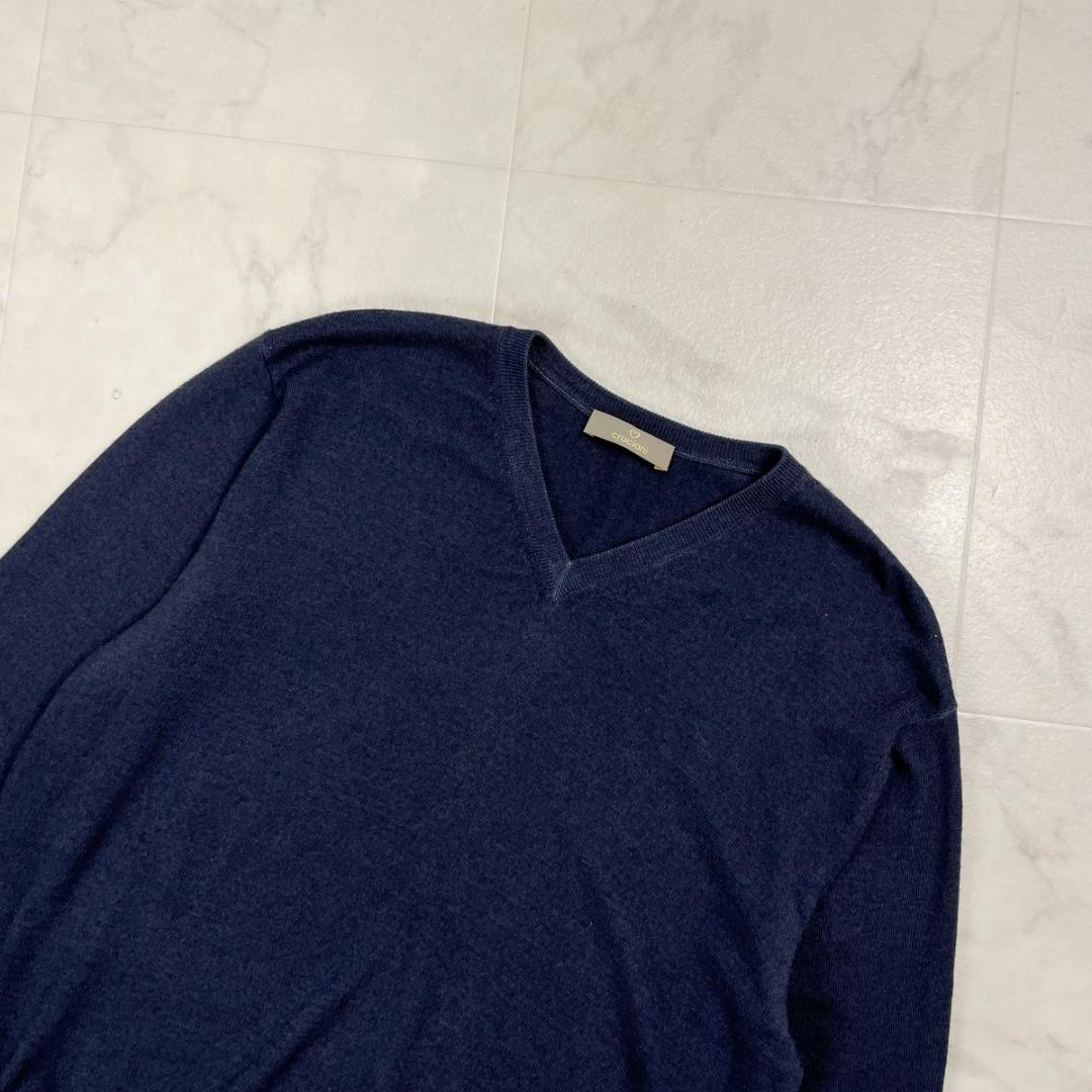 クルチアーニ ウール100％ Vネックニット イタリア製 紺 52*HD1265
