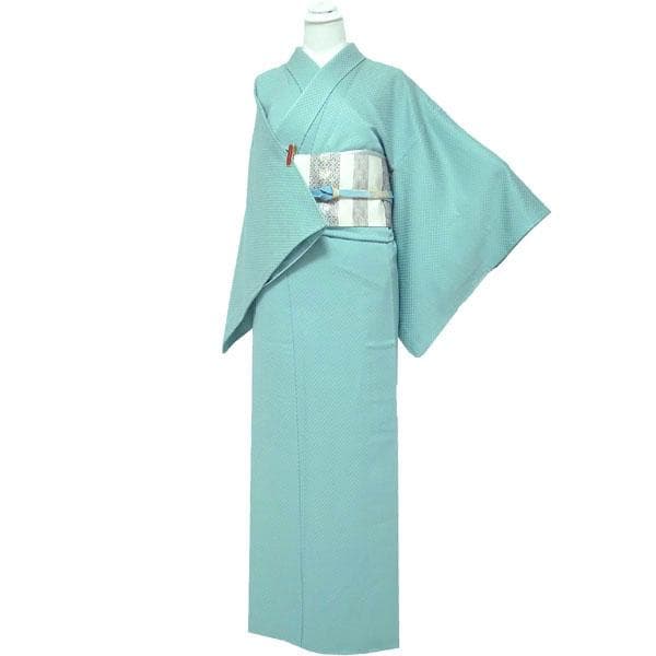 色無地 着物 袷 水色 紋入り 木瓜 地紋 市松 裄66 Ｍ 中古 sn1770