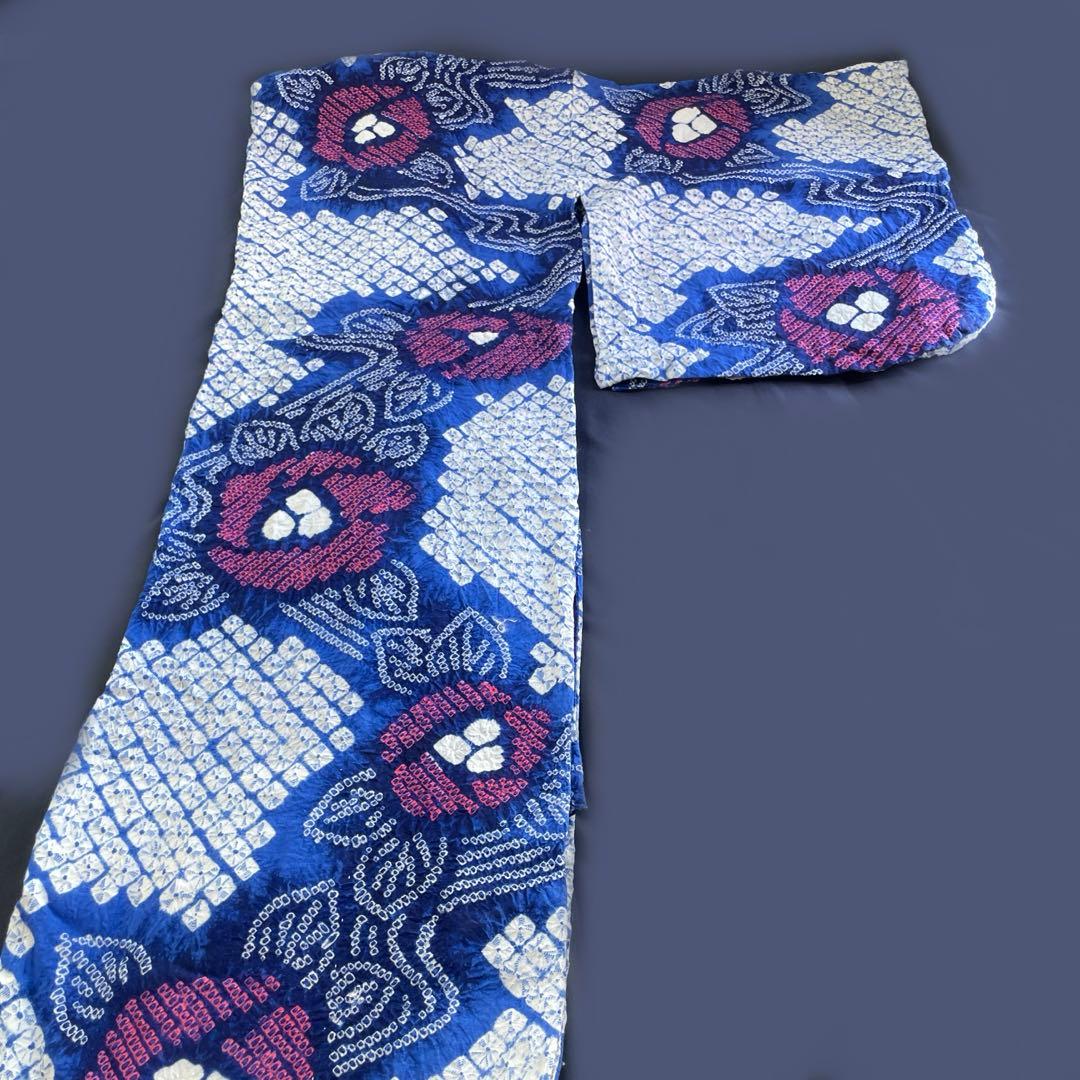 有松絞り　身丈159 浴衣　綿　青紺　蜘蛛絞り　有松鳴海絞り　流水花　ブルー