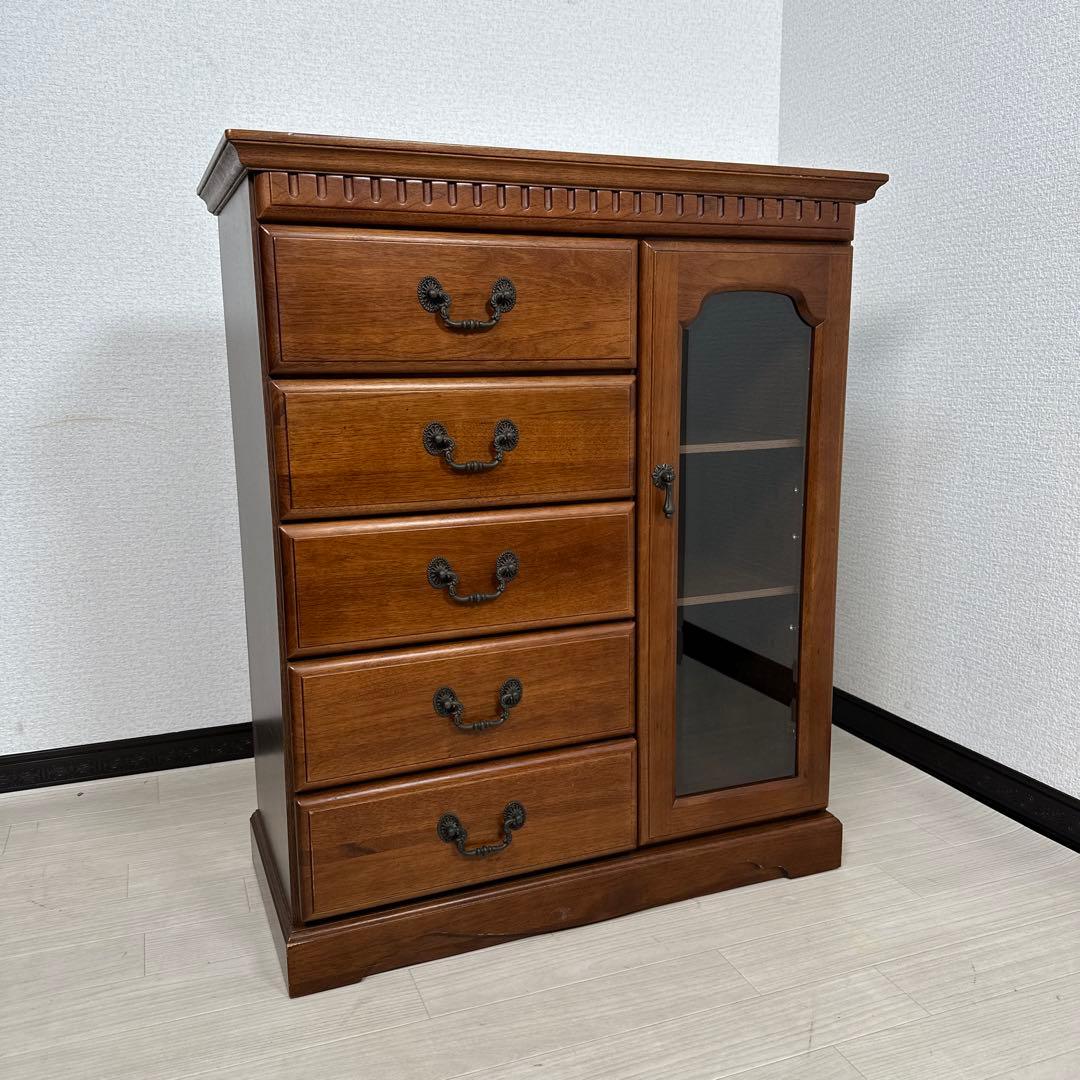 クラシックスタイル チェスト キャビネット ガラス扉 金属取手 i4※