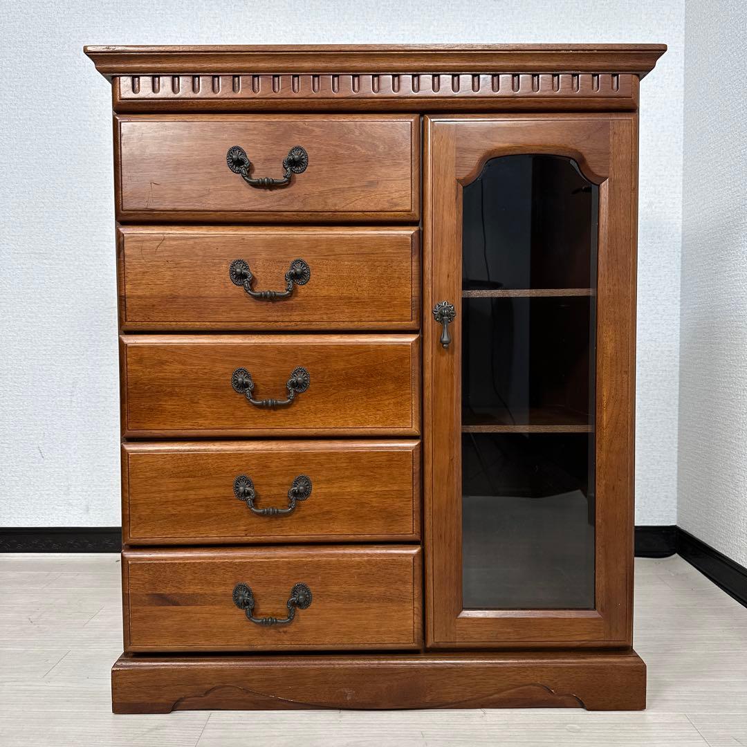 クラシックスタイル チェスト キャビネット ガラス扉 金属取手 i4※