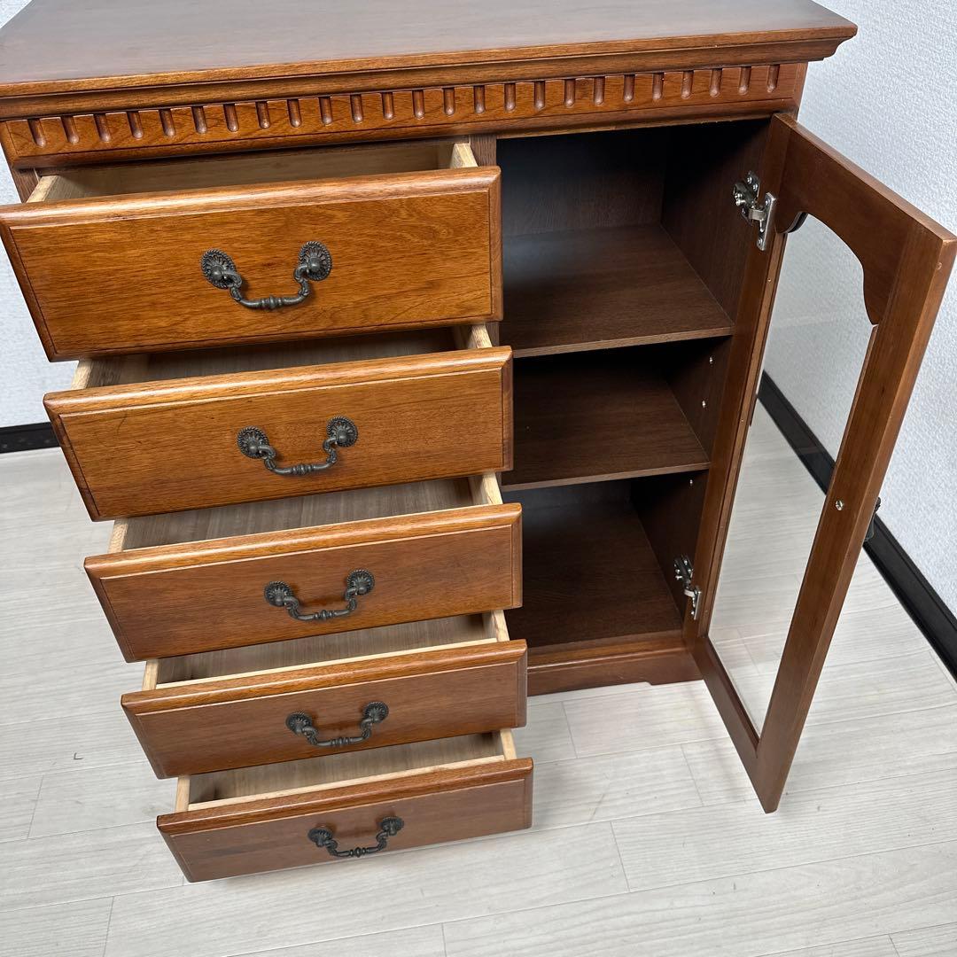 クラシックスタイル チェスト キャビネット ガラス扉 金属取手 i4※