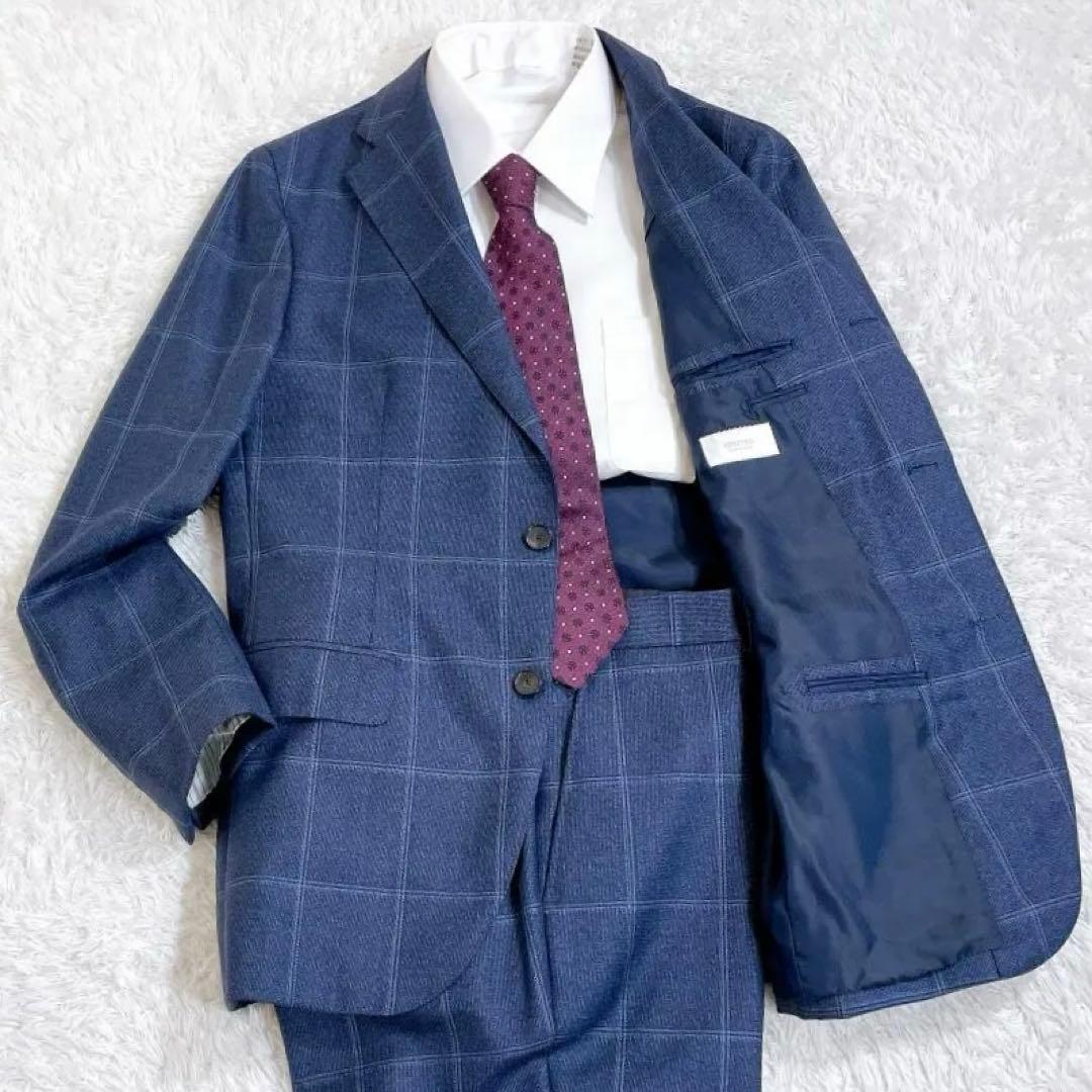 【美品】エディフィス セットアップスーツ カノニコ生地 ネイビー チェック 48