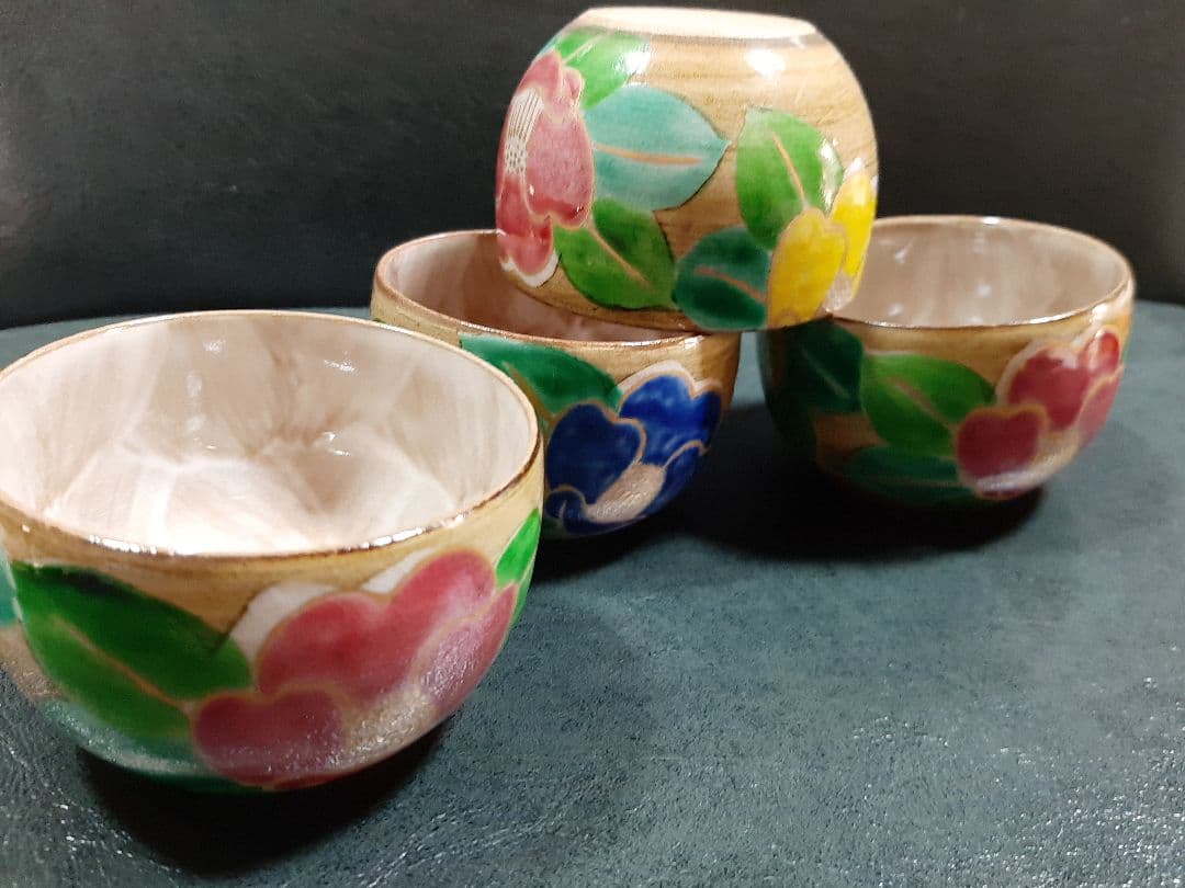 花ワールド 京焼　清水焼　嘉豊窯　椿絵　湯呑み４個