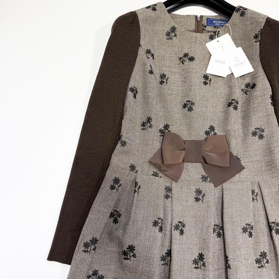 【新品タグ付き✨】エムズグレイシー　ワンピース　ニット袖　リボン　花柄　38