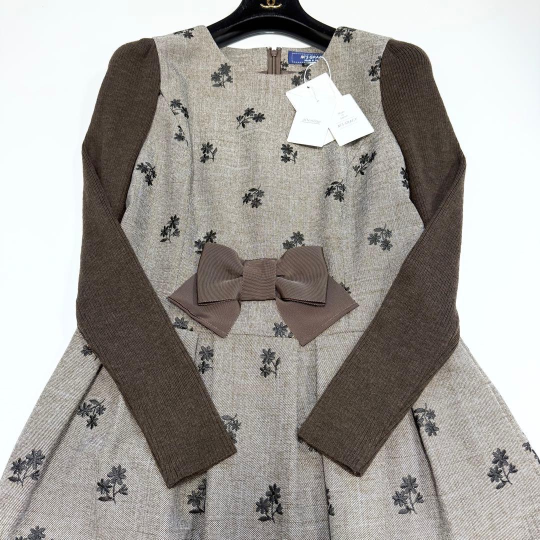 【新品タグ付き✨】エムズグレイシー　ワンピース　ニット袖　リボン　花柄　38