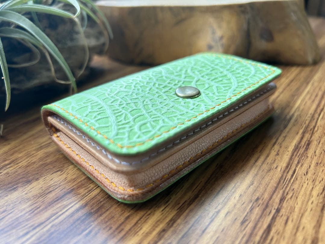 【エテ二朗】メロン型押しレザー 名刺入れ＆L字ファスナー財布　手縫い　本革