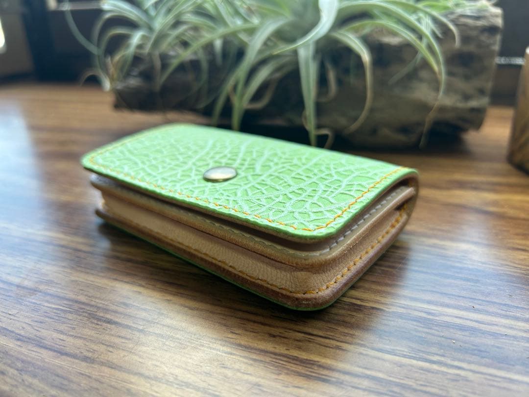 【エテ二朗】メロン型押しレザー 名刺入れ＆L字ファスナー財布　手縫い　本革